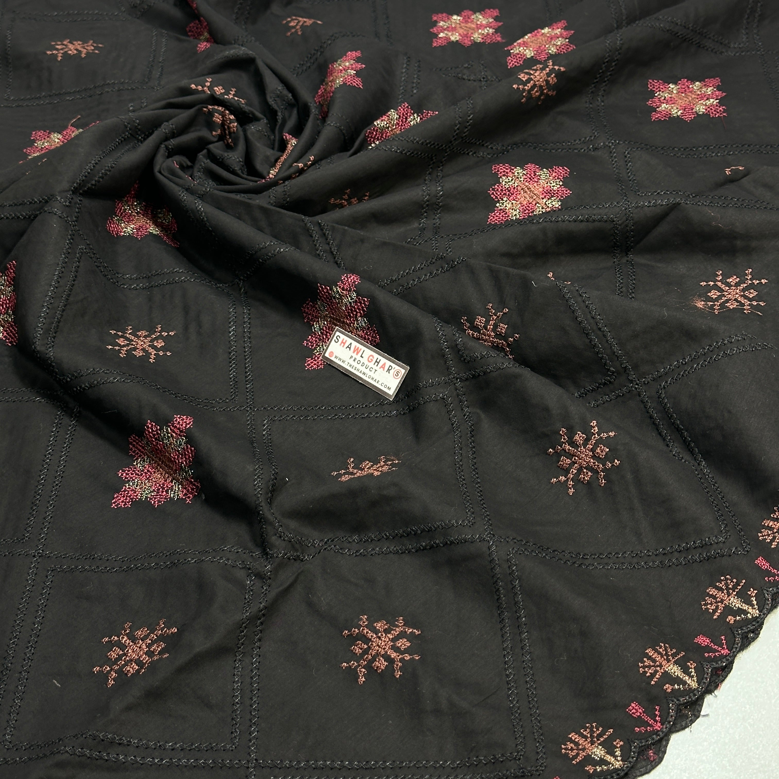 Checkered Embroidery Lawn Shawl - Black