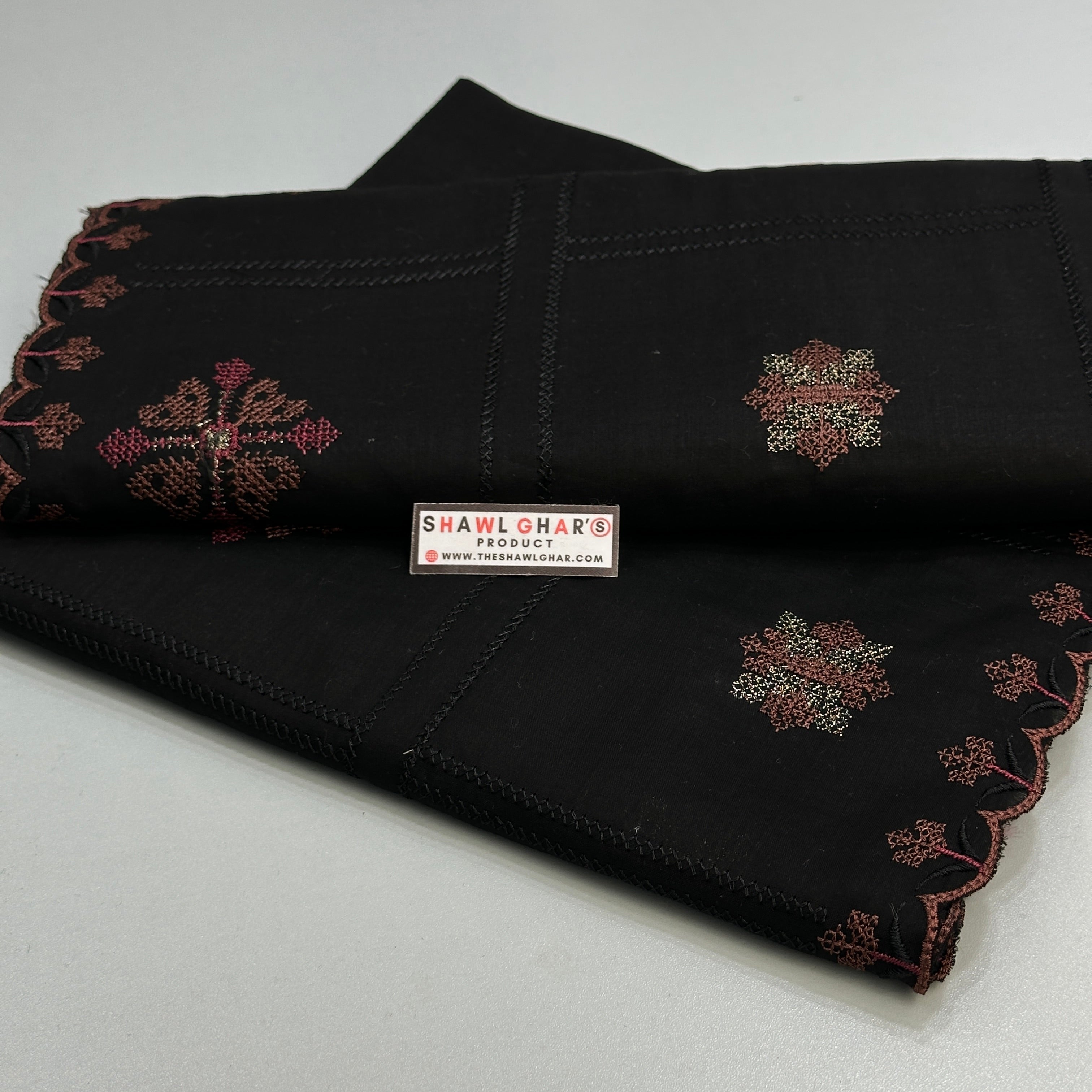 Checkered Embroidery Lawn Shawl - Black